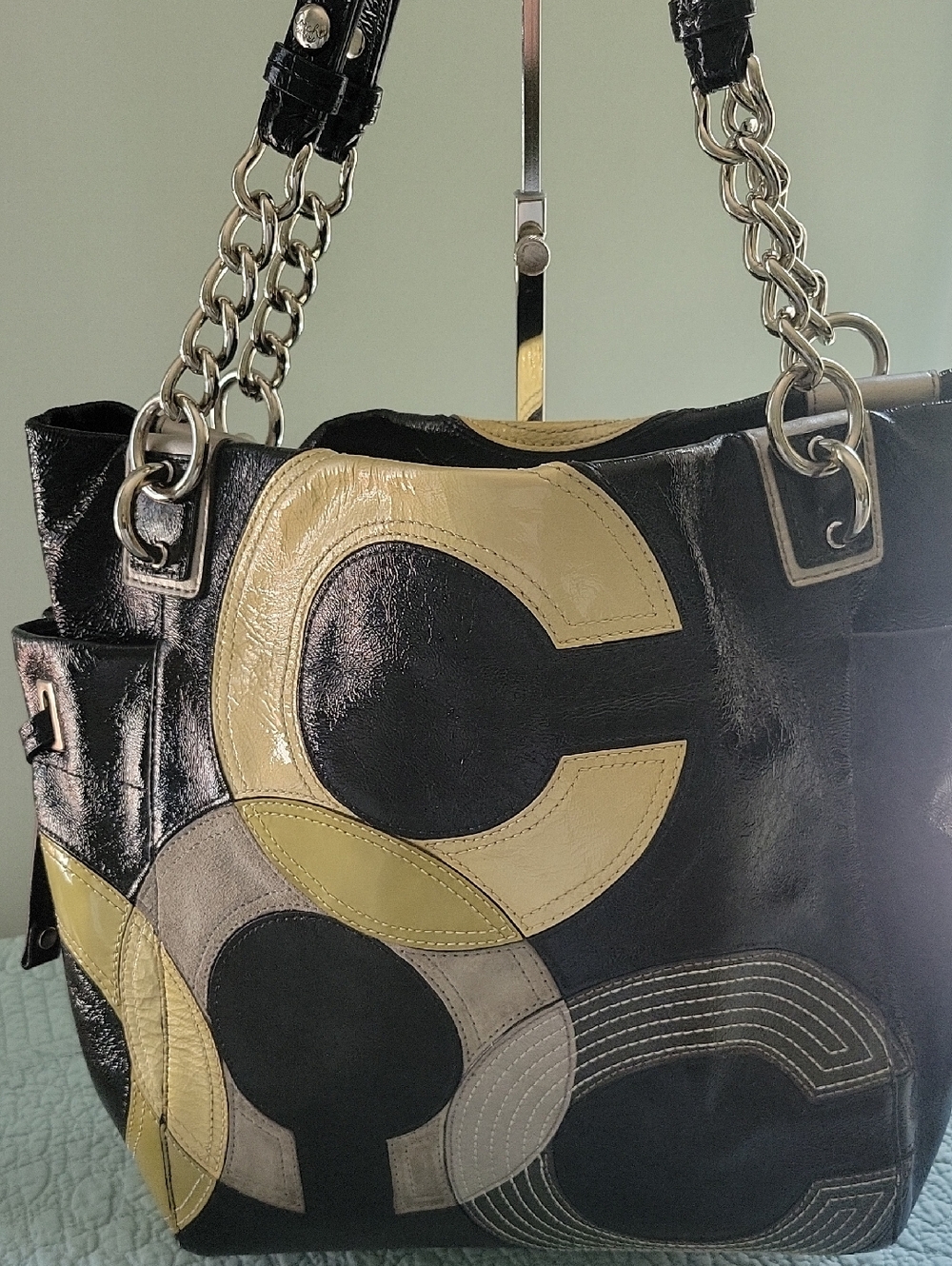 Coach Peyton Inlaid C Black Patent Shoulder Bag with Gold Cream and Gray Logos